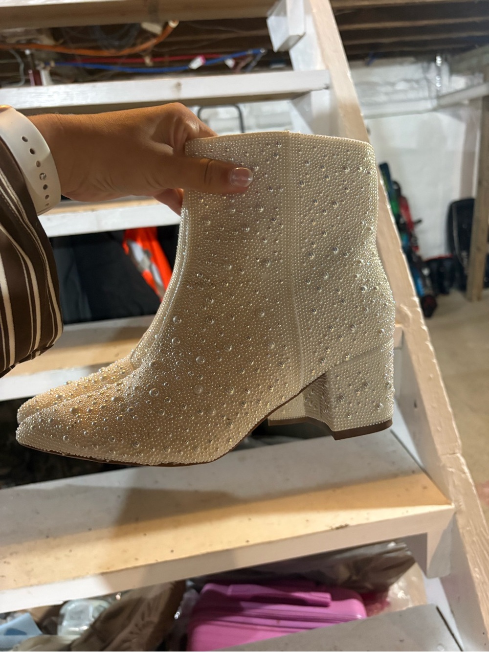 Pearl-Embellished Ivory Ankle Booties